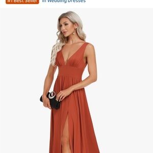Brand New Ever Pretty.         Elegant Rust V-Neck Maxi Dress with High Slit
